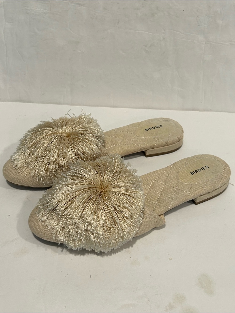 Birdies "The Songbird" Flax Linen Pom-Pom Mules Size 6.5 Coquette Boho Bridal